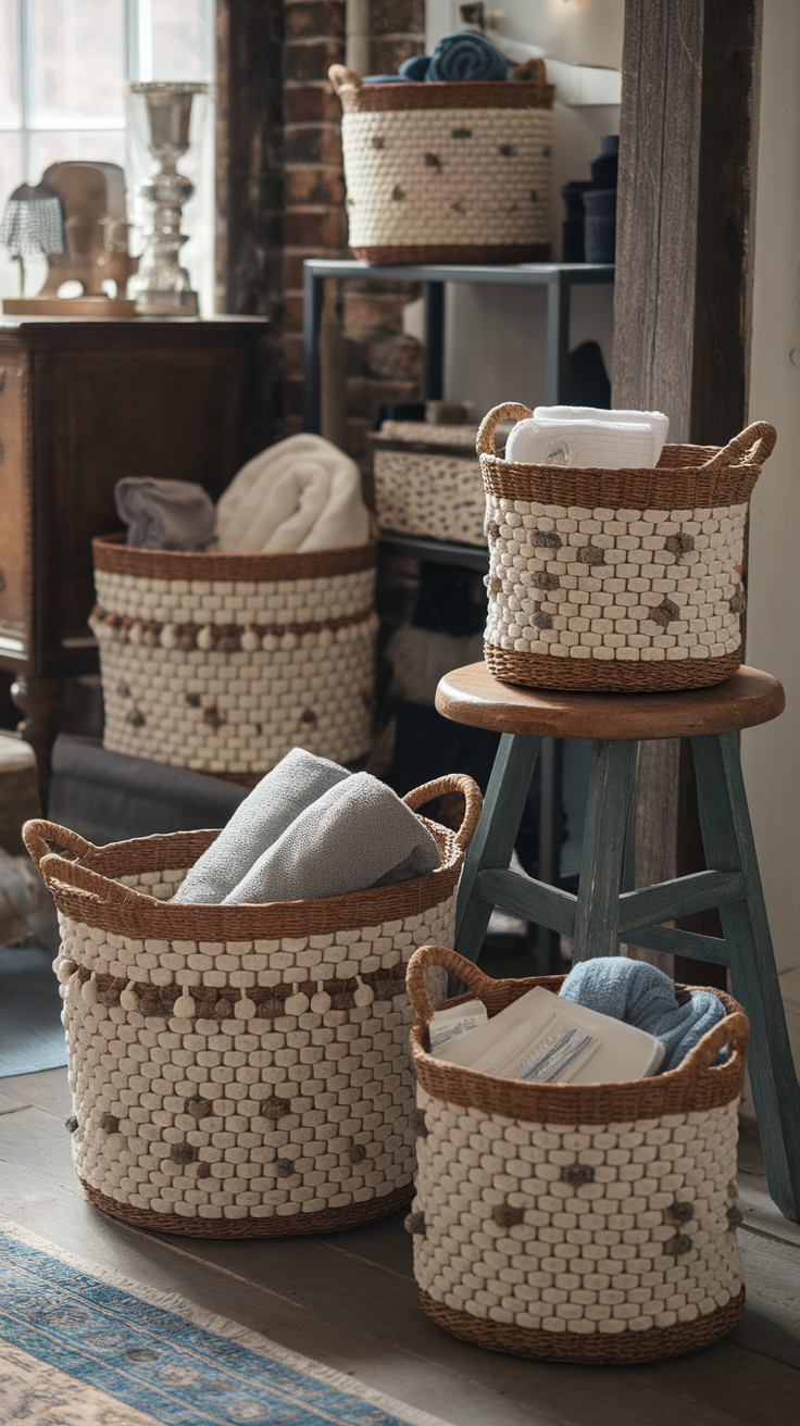 Stylish woven baskets in a cozy room, showcasing organized storage for blankets and towels.