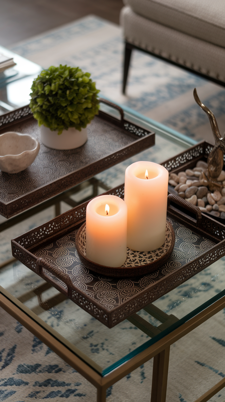 Decorative trays with candles and a plant on a coffee table