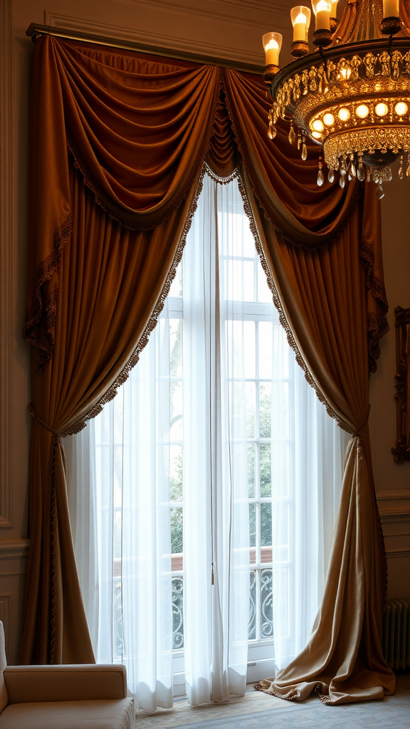 Luxurious golden drapery framing a bright window with a chandelier above.