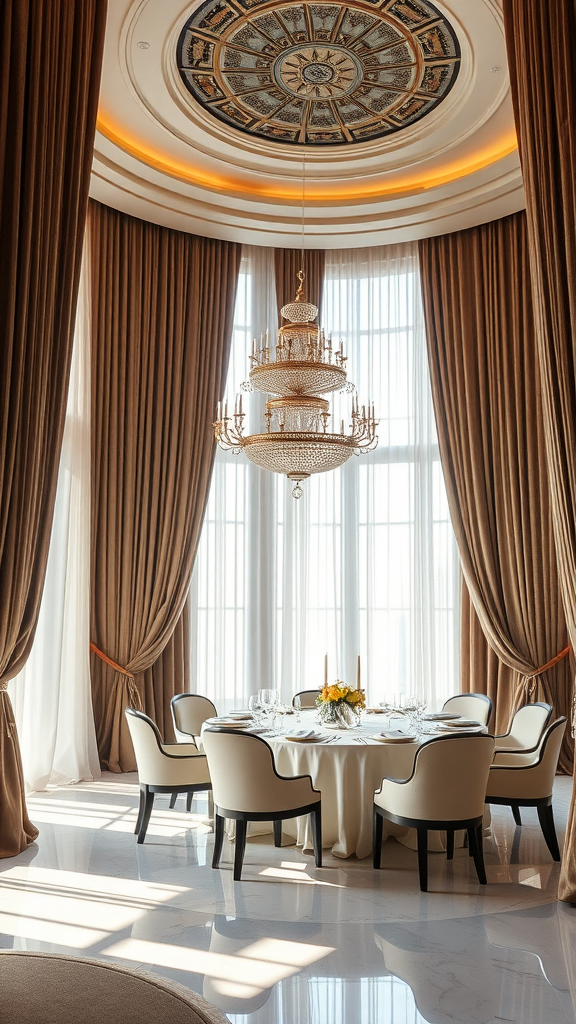 A luxurious dining room featuring dramatic floor-length drapes and an elegant chandelier.