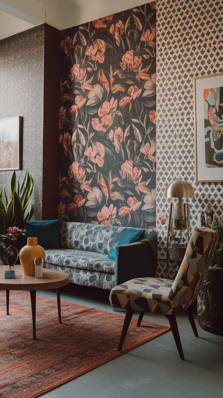 A cozy living area featuring floral wallpaper, geometric chair patterns, and a vibrant rug.