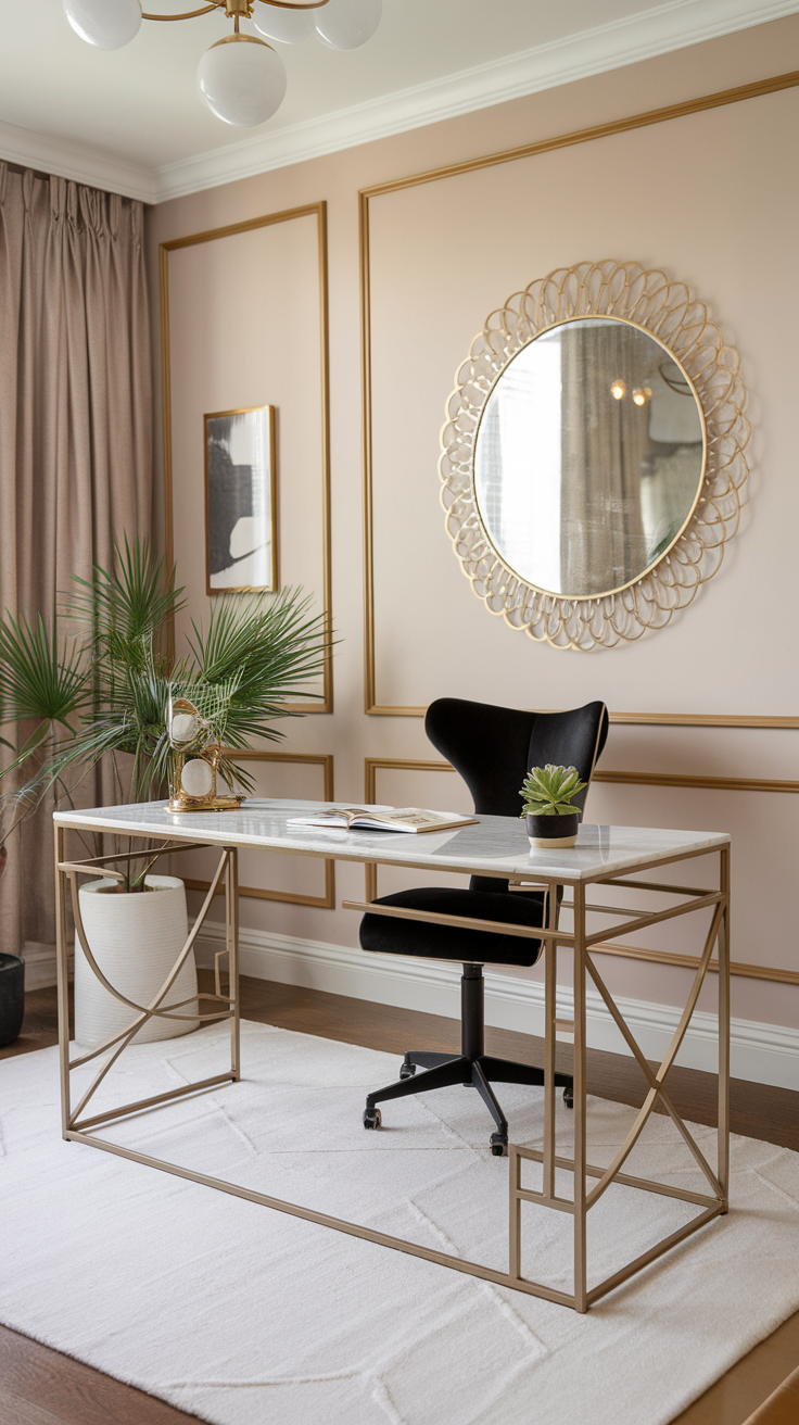 A beautifully decorated home office featuring a modern desk, stylish chair, and decorative elements.