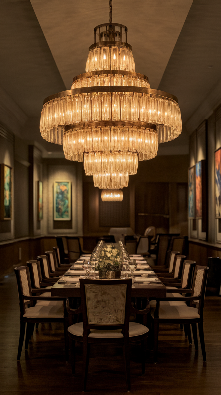 A luxurious chandelier hanging above a long dining table in an elegant setting.