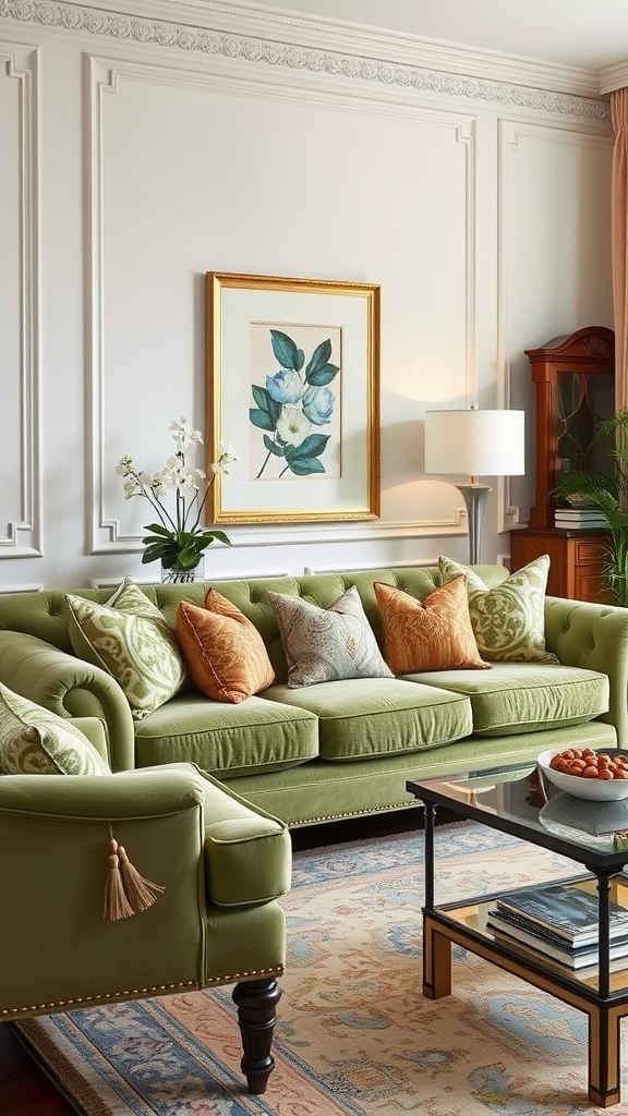 A sage green sofa adorned with decorative pillows in a stylish interior setting.