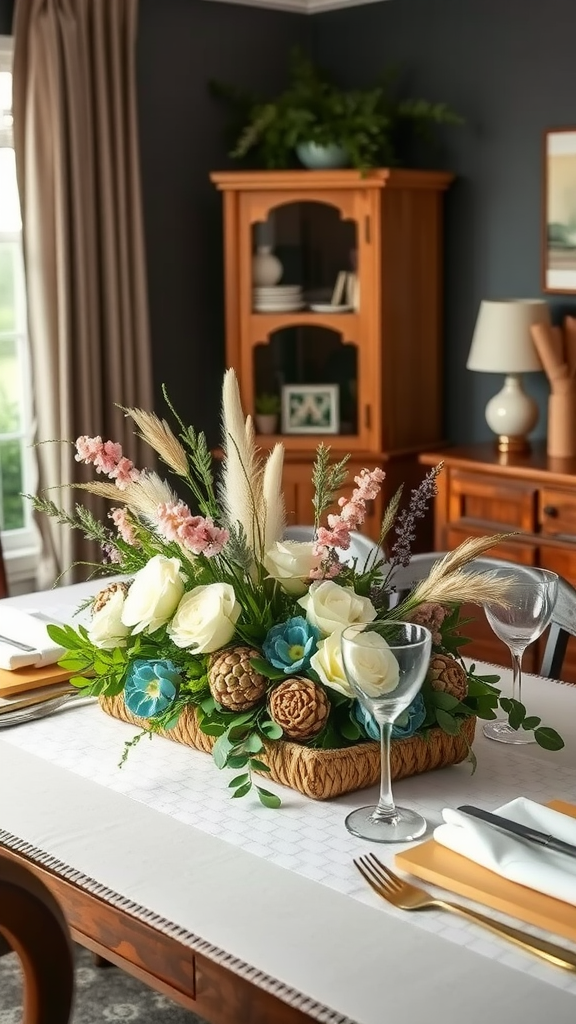 A beautifully set dining table with a floral centerpiece and candles.