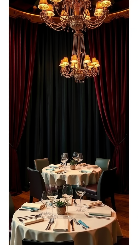 Elegant velvet drapes in a luxurious dining room with a chandelier