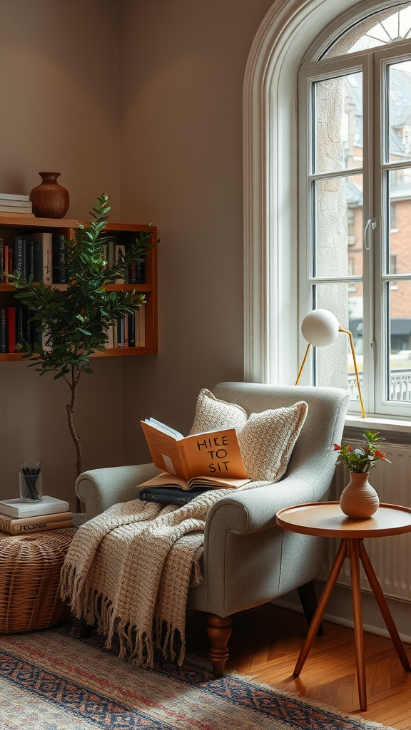 Cozy reading nook with a comfortable chair, books, and a small table.