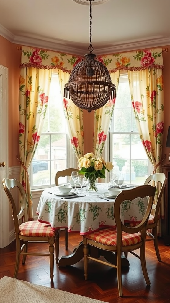 A cozy dining area featuring floral print curtains and a table set with a floral tablecloth.