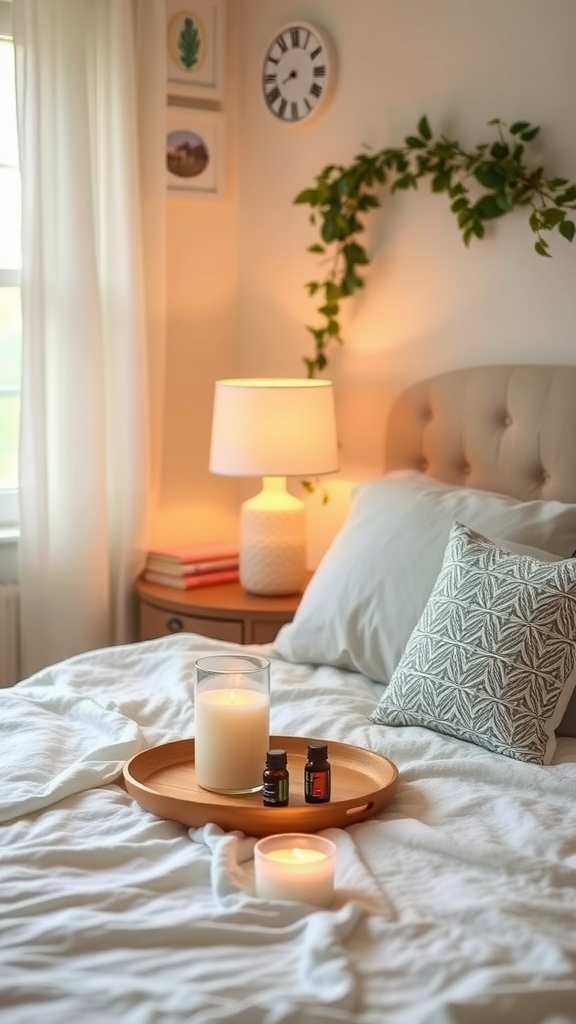 A cozy bedroom setup with candles and essential oils on a tray, creating a warm and relaxing atmosphere.