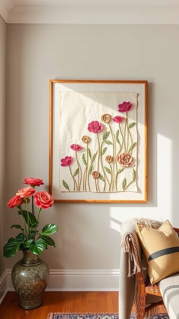 Framed textile art featuring colorful flowers in a cozy room setting.