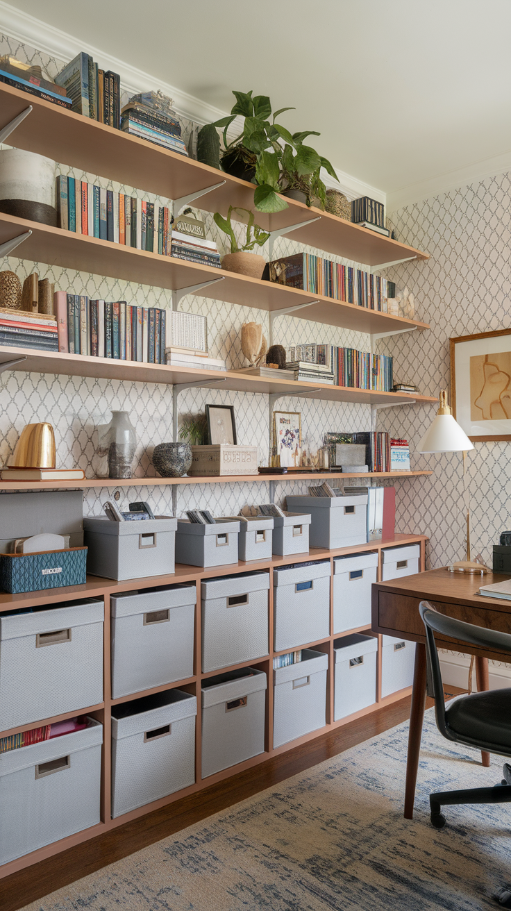 Stylish storage shelves with books, decorative items, and storage boxes