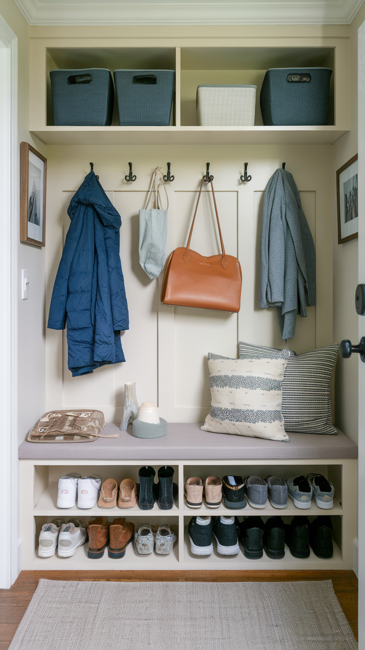 Functional entryway storage with hooks, baskets, and shoe storage.