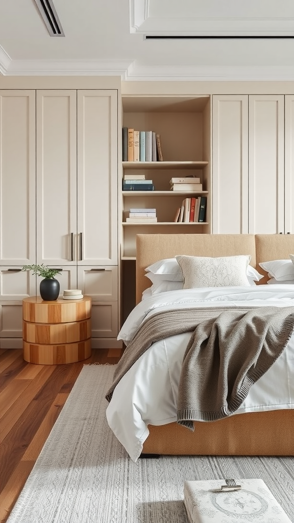 A stylish bedroom with functional storage solutions featuring wooden panels, a bedside table, and warm lighting.