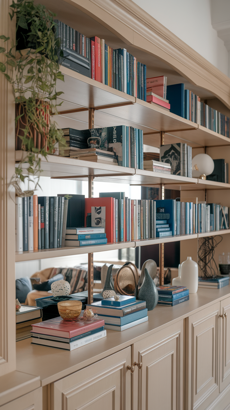 Stylish shelving unit with books and decorative items