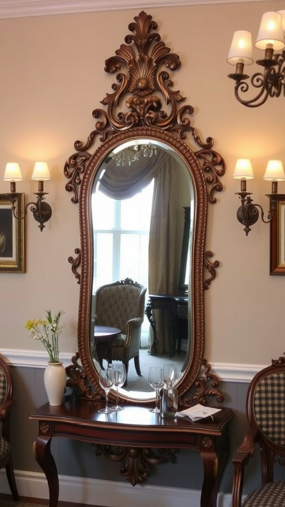 A beautifully ornate mirror with a decorative frame and a portrait at the top, positioned in a well-lit room.