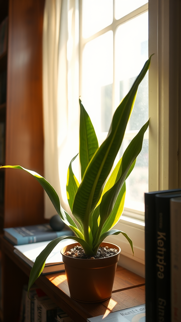 A snake plant sitting on a windowsill, basking in sunlight.