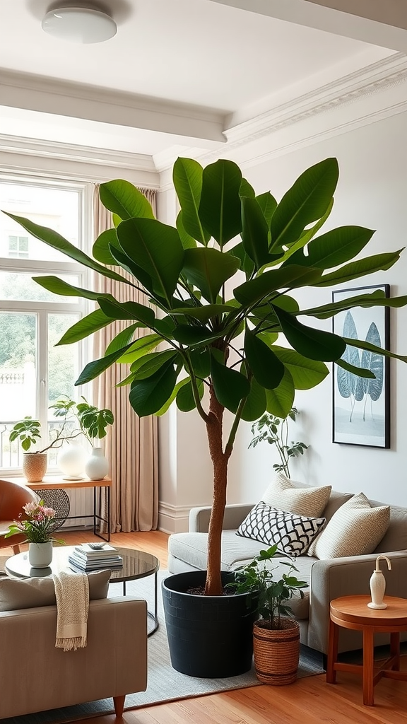 A Fiddle Leaf Fig tree in a modern living room setting.