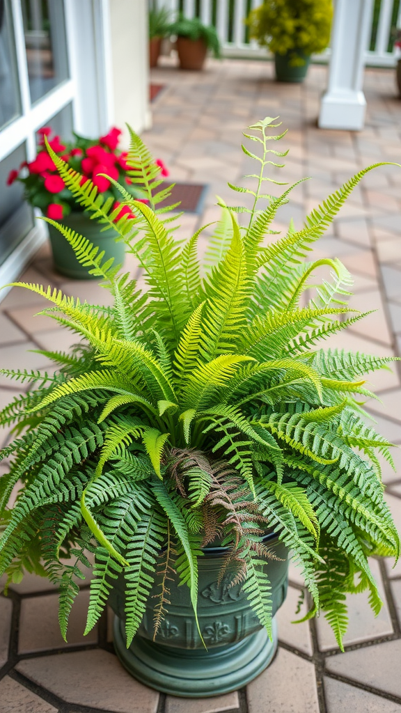 A lush green fern in a decorative pot.