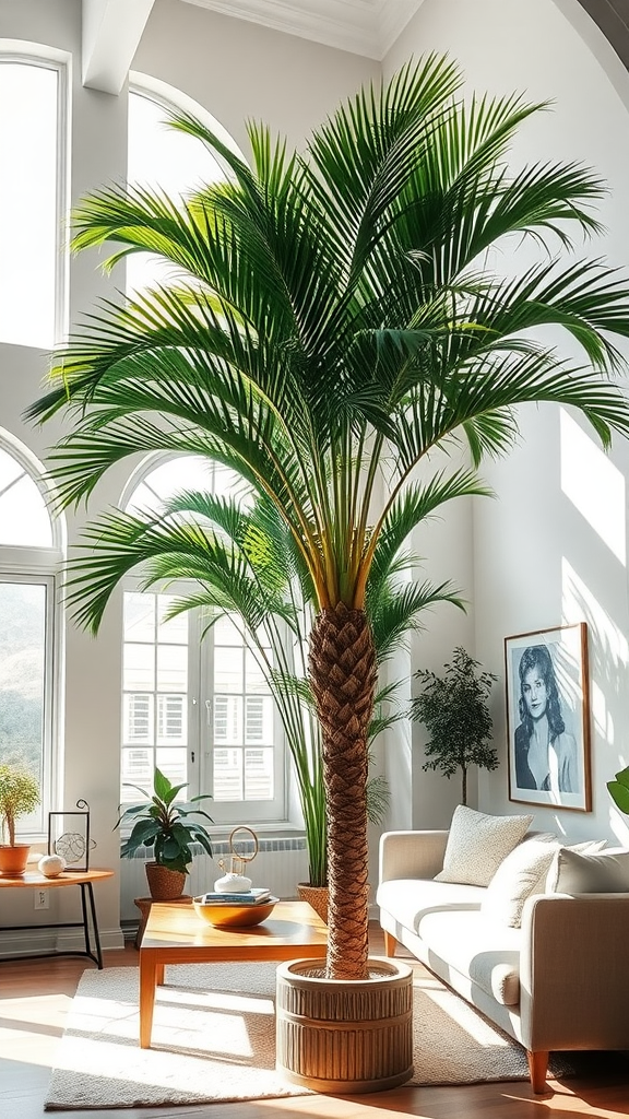 A Majesty Palm tree with a lush canopy in a bright, airy living room.