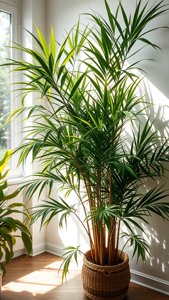 A Bamboo Palm in a woven basket, with vibrant green leaves basking in sunlight near a window.