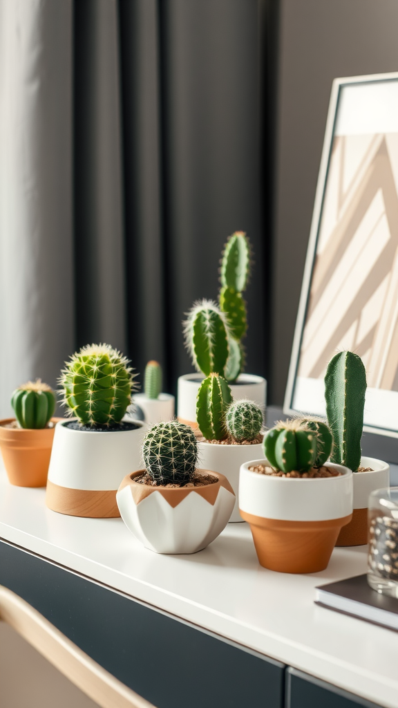 A collection of various cacti in stylish pots on a white surface.