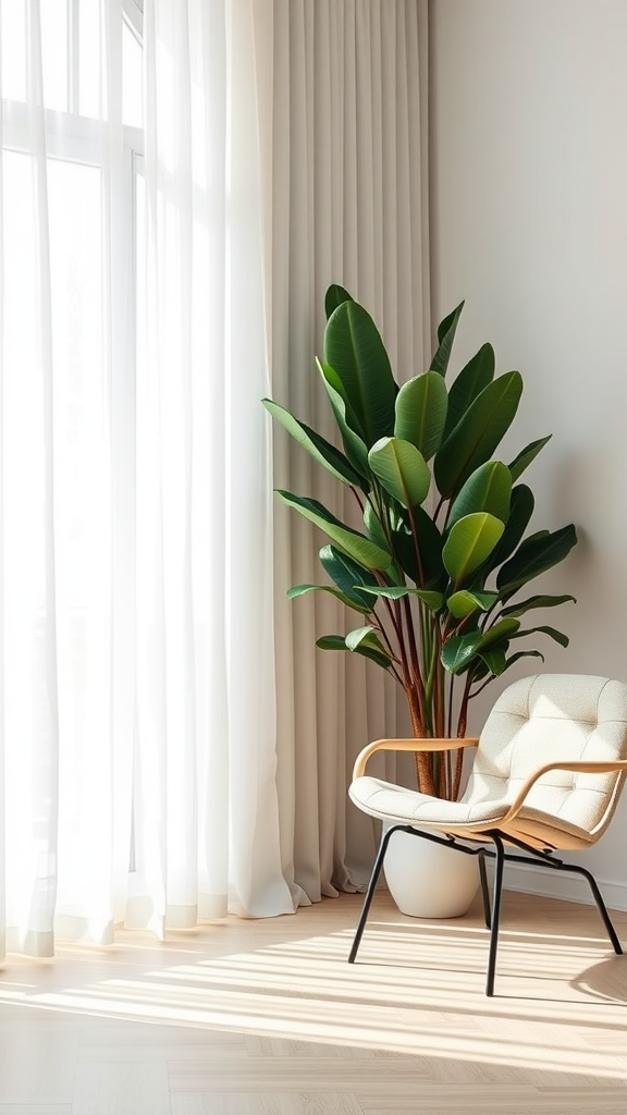 A rubber plant with glossy leaves next to a chair by a window.