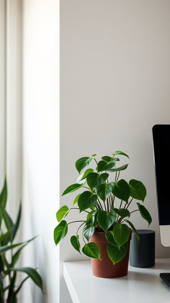 A philodendron plant in a pot on a desk next to a computer.