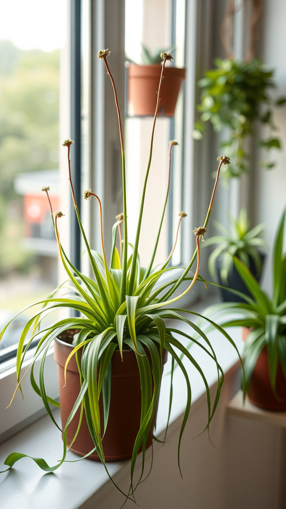 A healthy spider plant in a terracotta pot, sitting on a windowsill with natural light.