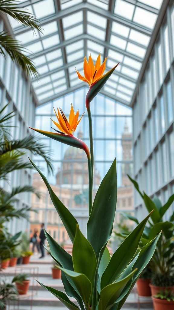 A close-up of two Bird of Paradise flowers in a greenhouse with glass windows and greenery around.