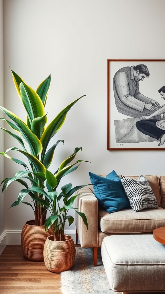 A dracaena plant with tall leaves in stylish pots next to a beige couch and colorful pillows.