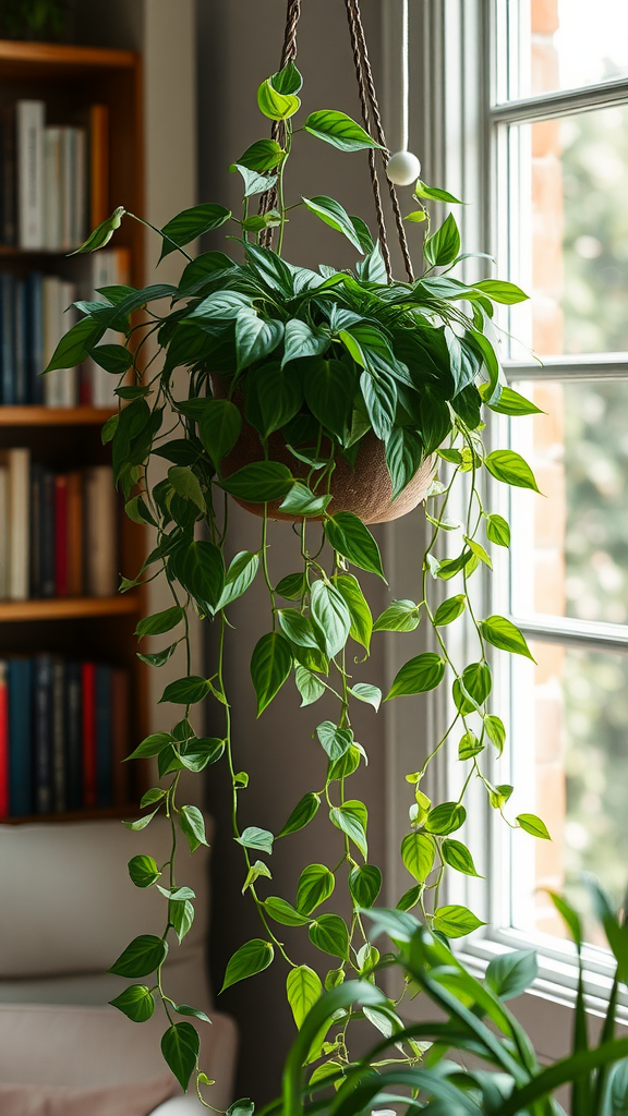 A hanging Pothos plant with lush green leaves trailing down near a window.