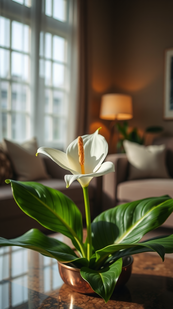 A Peace Lily plant with elegant white blooms and lush green leaves, placed on a table in a cozy living room.