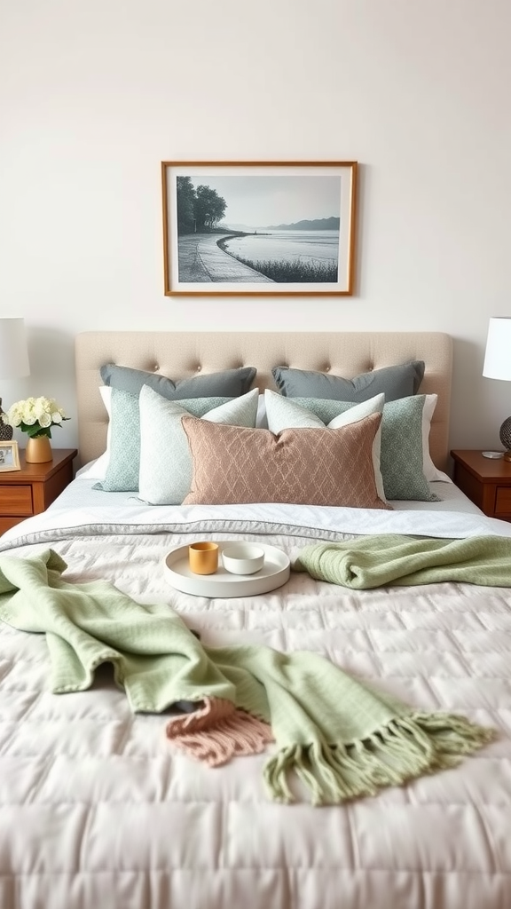 A beautifully styled bedroom featuring sage green accents, including pillows and a blanket, creating a cozy atmosphere.