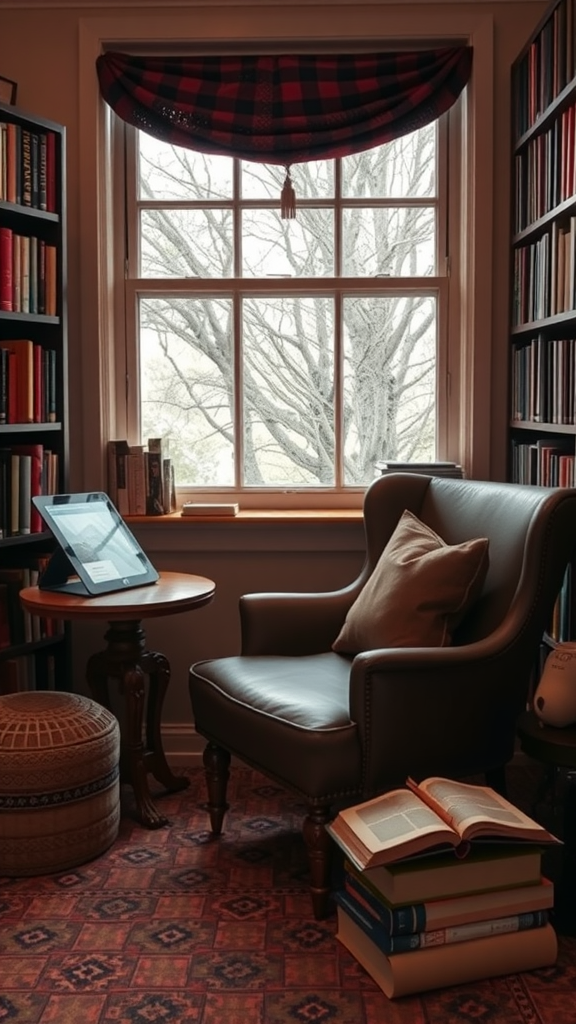 Cozy reading nook with a chair, books, and a tablet by the window.