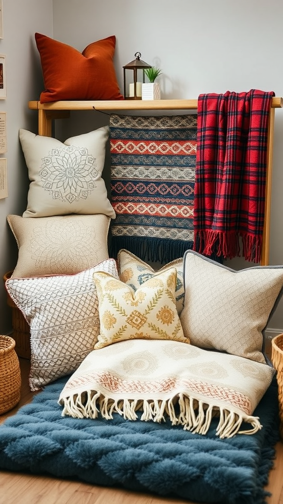 A cozy seating area with various pillows and blankets arranged on shelves and a bench.