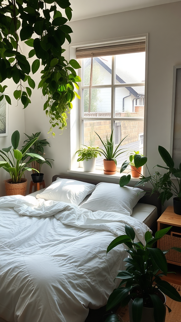 A bright bedroom filled with various indoor plants near a window, creating a refreshing atmosphere.