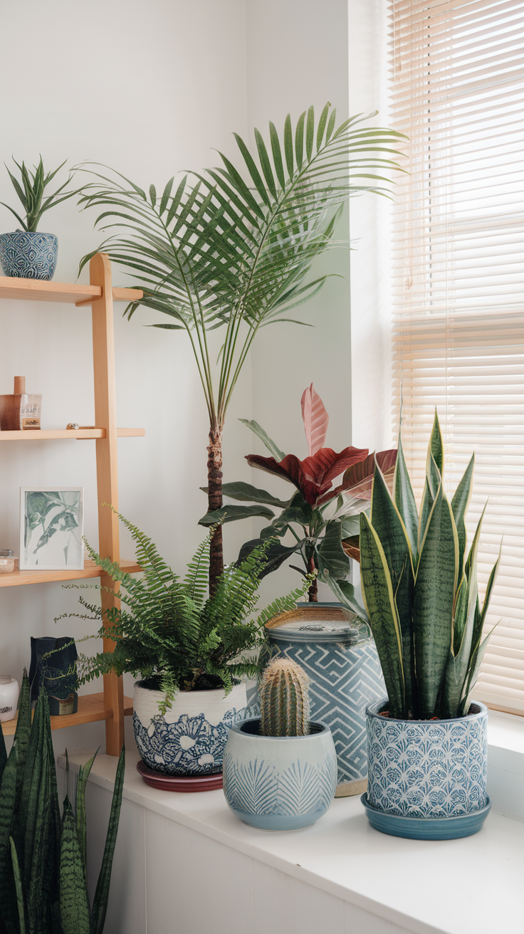 A collection of various indoor plants in decorative pots.