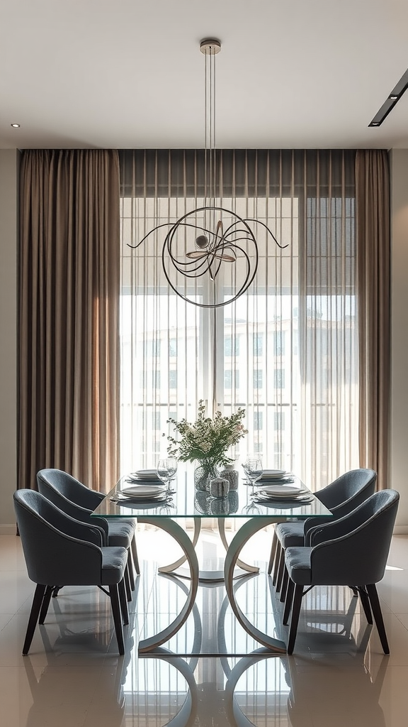 Modern dining area featuring motorized curtains, a glass table, and stylish chairs.