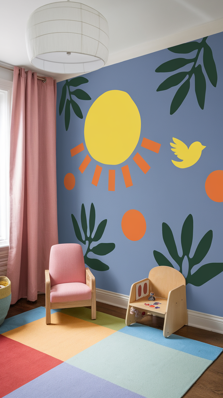 A colorful children's room with playful wall decals featuring a sun, bird, and leaves.