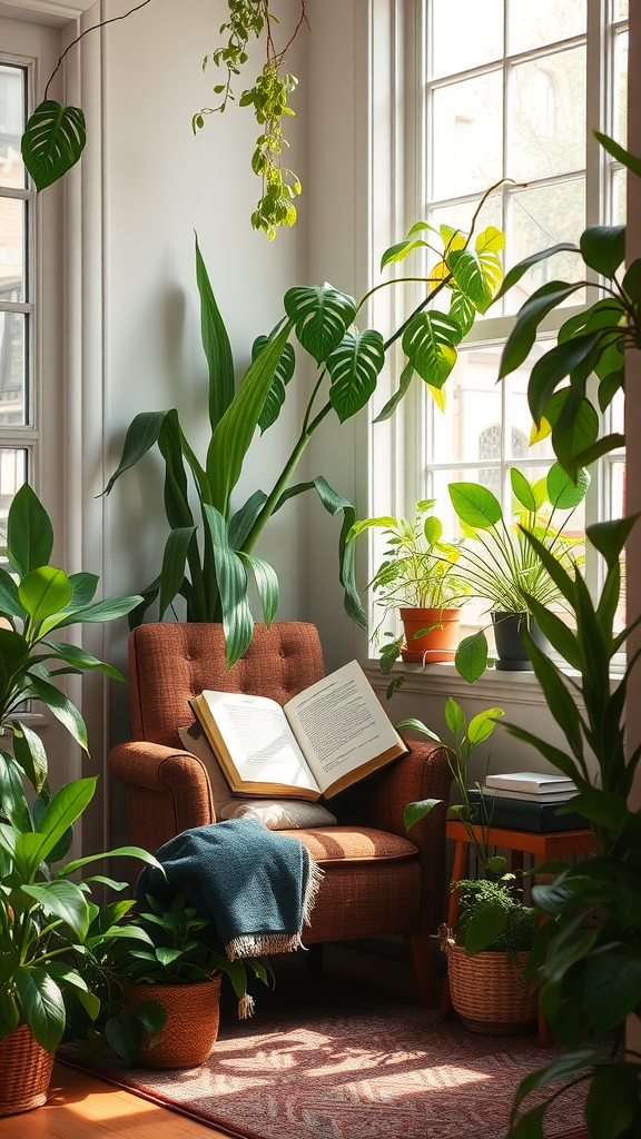 A cozy reading nook with a chair surrounded by various indoor plants.