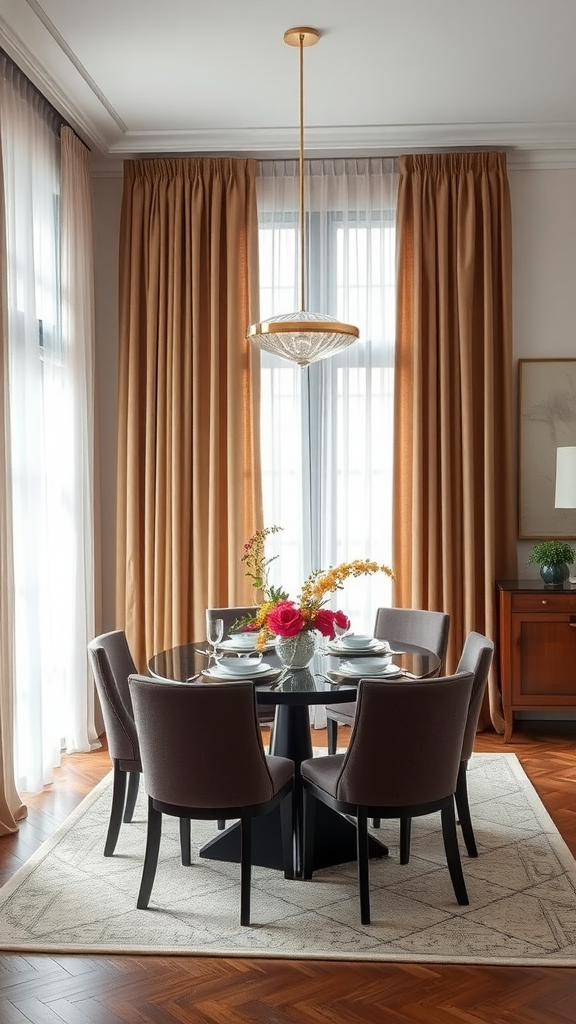 A dining area featuring layered curtains in warm tones, with a stylish round table set for a meal.