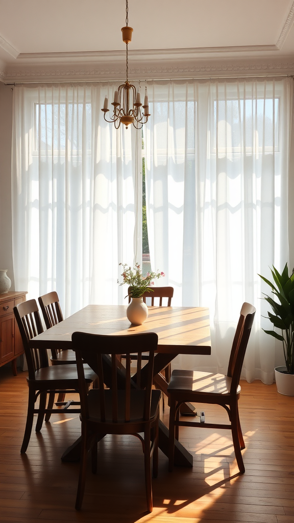 A cozy dining area with a wooden table and chairs, illuminated by soft light coming through sheer curtains.