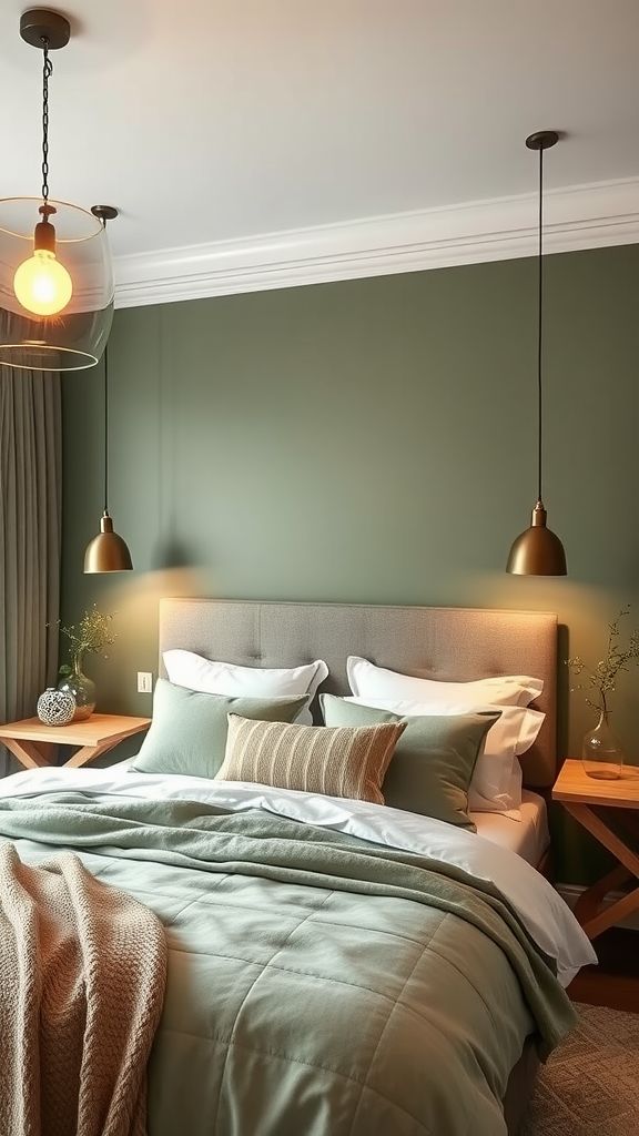 A stylish sage green bedroom featuring warm pendant lighting and cozy decor.