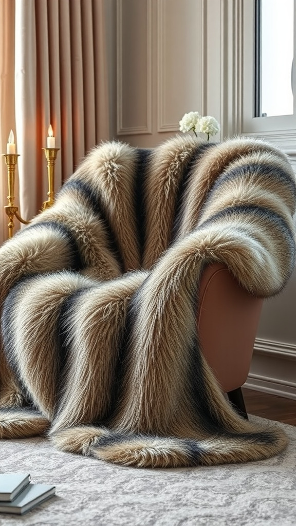 A plush, faux fur covered chair with a matching throw, set in a cozy room.