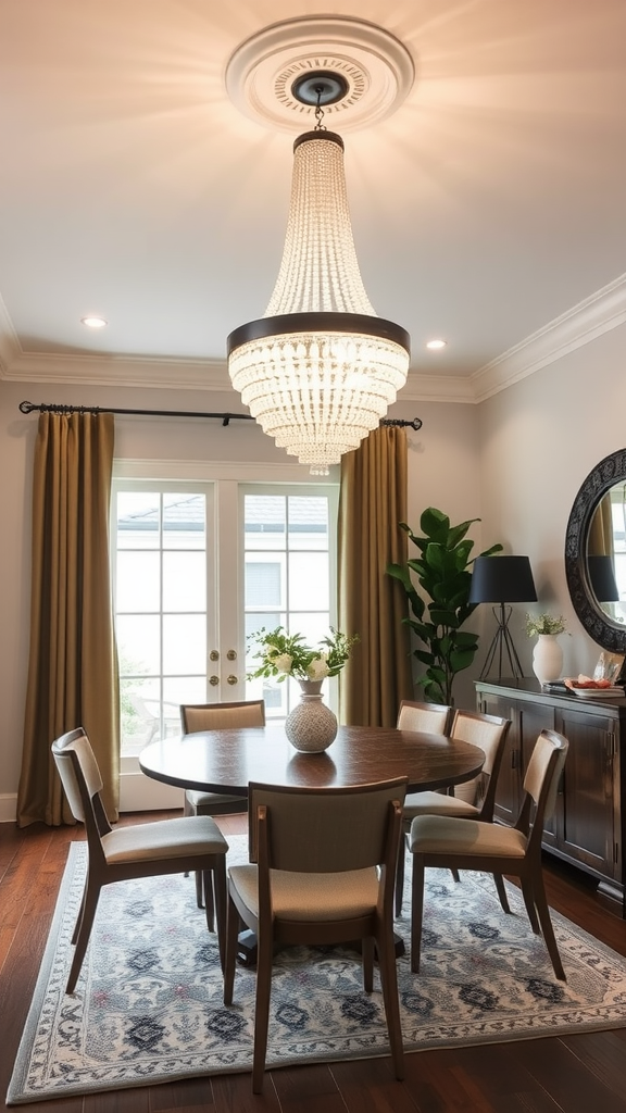 A stylish dining area featuring a chandelier, round table, and elegant decor.