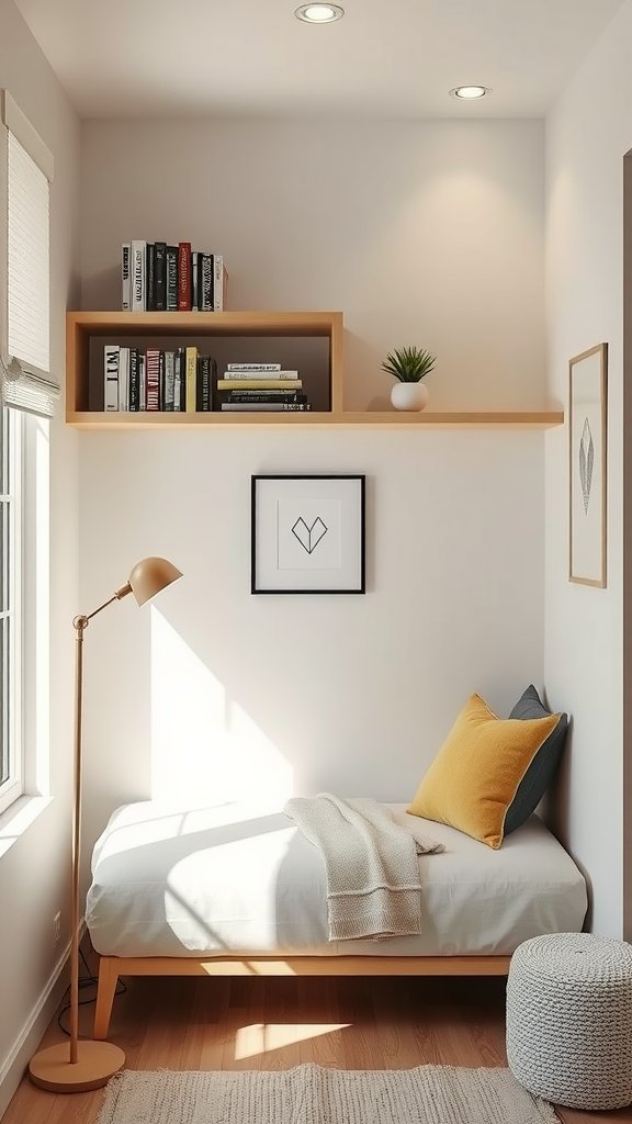 A small reading nook featuring a bed, lamp, and bookshelves.