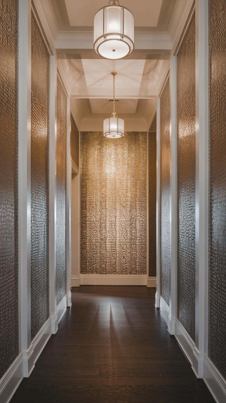 Hallway with elegant metallic wallpaper and chandeliers