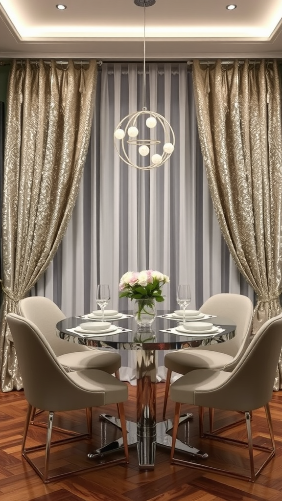 A dining area featuring metallic accent curtains and a modern table setting.