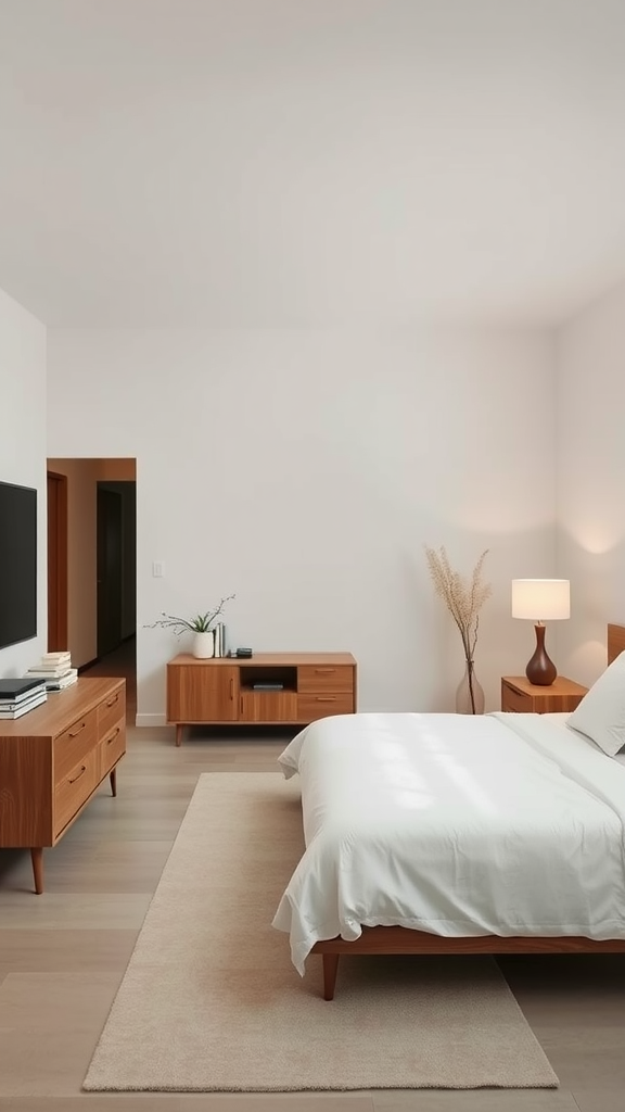 A minimalist bedroom with simple furniture and a calming color palette.