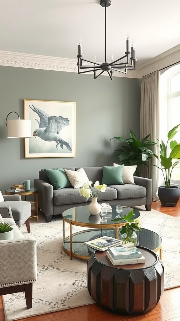 A stylish living room featuring sage green walls, neutral furniture, and decorative plants.